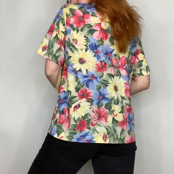 Vintage 90s Cristin Stevens Deadstock Neutral Floating Floral Print Blouse Tee - Picture 8 of 12